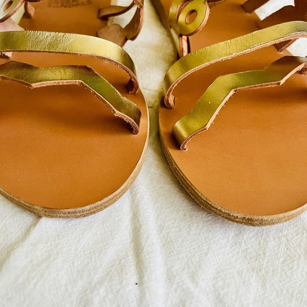 Ancient Greek Sandals Metallic Platinum Hand Made Leather Multi Strap Size 38